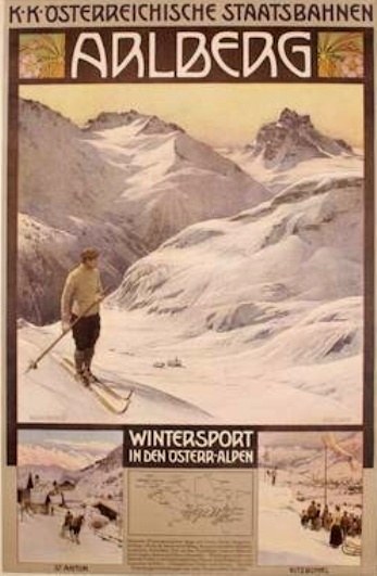 Plakat für einen Wintersport in den österreichischen Alpen, das einen Skifahrer umgeben von Bildern von Menschen und Bergen mit Text zeigt.