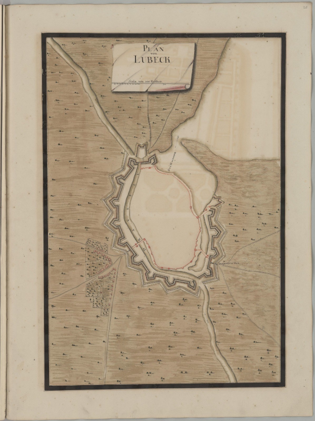 Ein altes Buch mit einer detaillierten historischen Karte von Lübeck, Deutschland, das Straßen, Gebäude und Sehenswürdigkeiten zeigt und von Texten über die Bevölkerung, Geschichte und Kultur der Stadt begleitet wird.