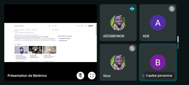 Ein Screenshot einer Website mit einer Gruppe von Menschen auf der linken Seite, Bildern, Text und Icons auf der rechten Seite und "Yahoo Finance - Präsentation de Bérénice" Text unten.