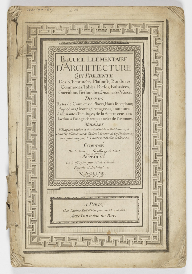 Old book with a white background and a design on the cover, titled "Recueil Elementaire d'Architecture qui Presente".