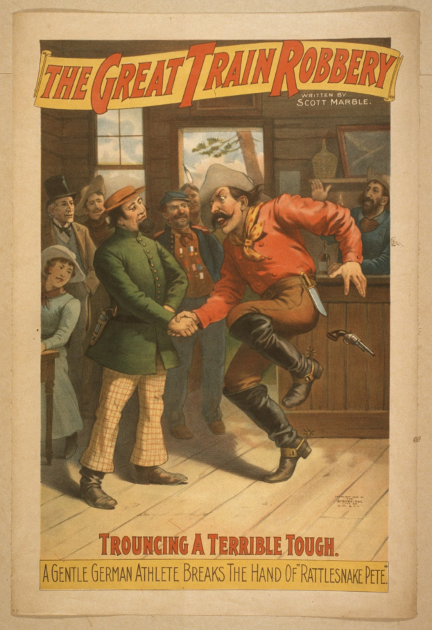Ein Plakat für "The Great Train Robbery", das eine Gruppe von Menschen zeigt, von denen einer eine Waffe hält, ein Fenster, eine Wand und Text oben und unten.