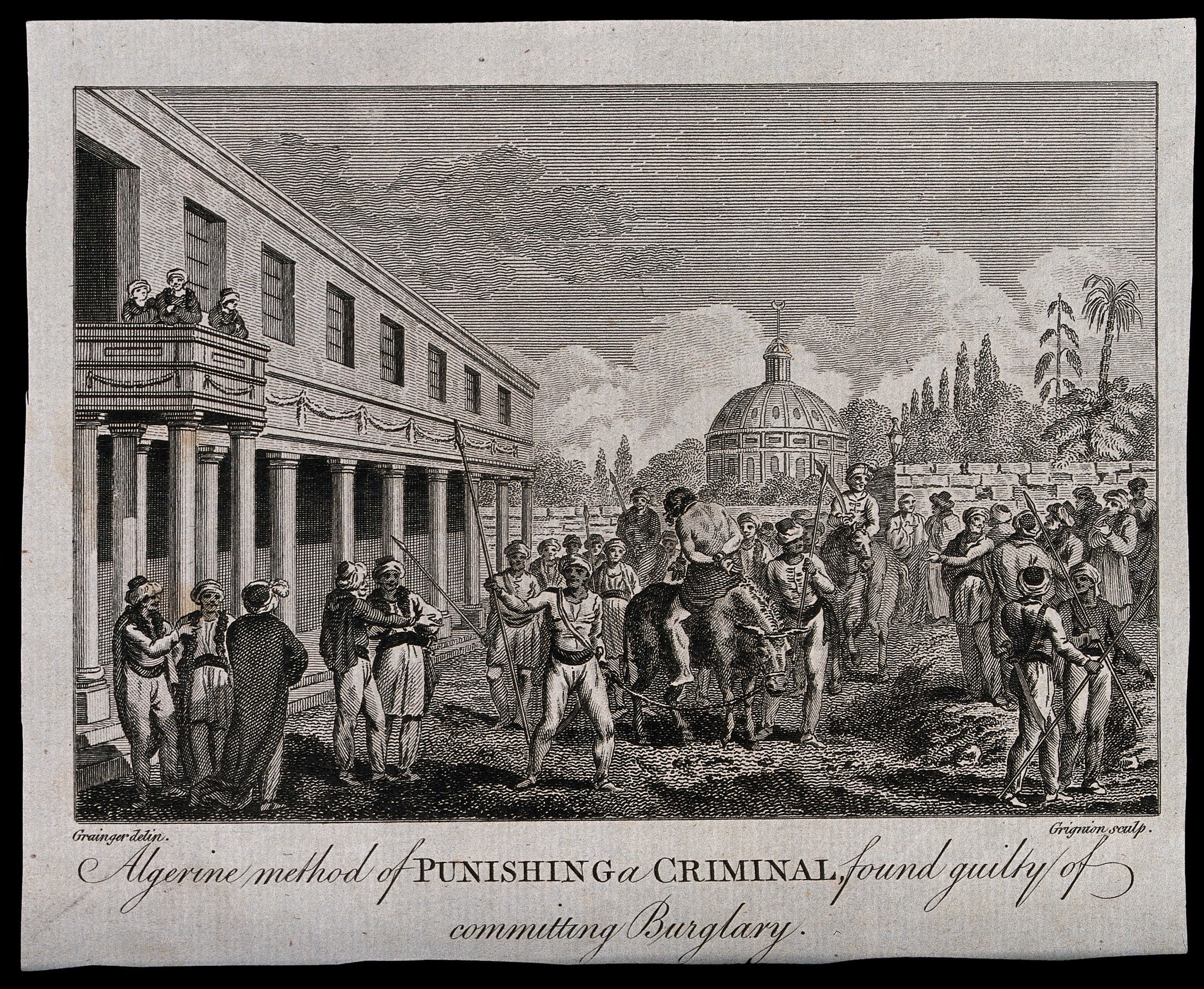 Black and white drawing of people standing before a pillared building with windows, surrounded by trees under a cloudy sky, with text at the bottom reading "Algerian method of punishing a criminal found guilty of committing burglary."