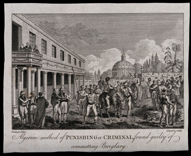Black and white drawing of people standing before a pillared building with windows, surrounded by trees under a cloudy sky, with text at the bottom reading "Algerian method of punishing a criminal found guilty of committing burglary."