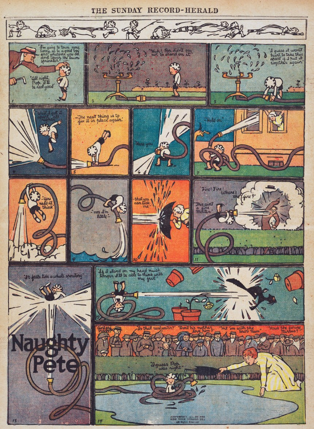 Zeichnung eines Mannes in Anzug und Krawatte in einem Comic-Heft umgeben von narrativem Text.