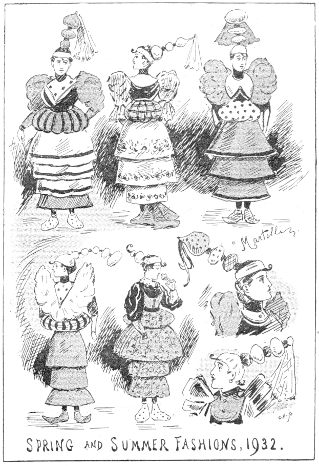 Schwarze und weiße Illustration von Frauen in 1932er Frühlings- und Sommer-Modekleidern, begleitet von beschreibendem Text.