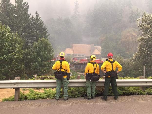 Drei Feuerwehrleute in gelben Westen, grünen Hosen und roten Helmen stehen an einer Stra├če, w├Ąhrend im Hintergrund ein Haus brennt, mit B├Ąumen und Fahrzeugen im Hintergrund.