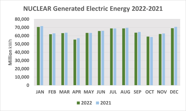 Liniengraph, der die nuclear-generierte Elektrizität von 2021 bis 2022 zeigt, mit begleitendem erklärendem Text.
