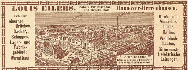 Schwarze und weiße Werbung für die Louis Eilers Hannover-Herrenhausen-Fabrik, die das Fabrikgebäude mit Textüberblattung zeigt.