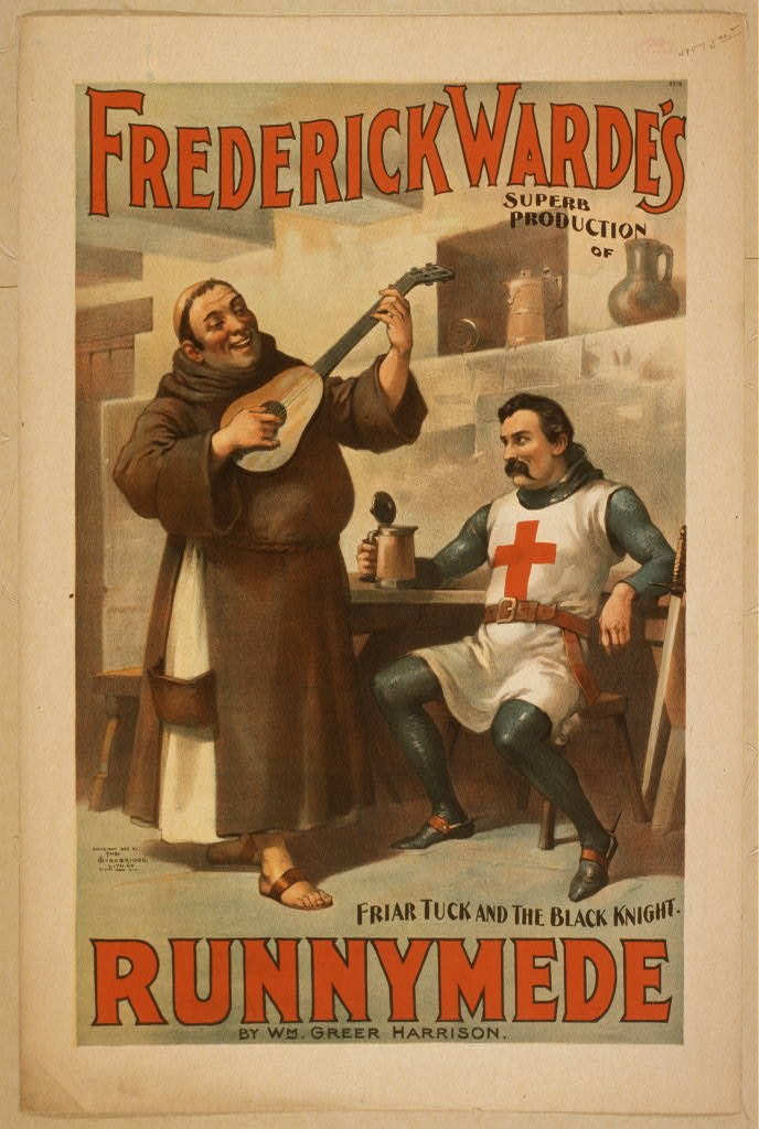 Poster for Frederick Warde's production of *Runnymede* depicting a seated person playing a musical instrument with another standing beside them, a table with objects in front, and text on the poster.