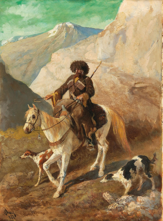 Gemälde von Ivan Konstantinovich Aivazovsky mit dem Titel 'Der Jagdhund' (1872), das einen Mann zu Pferd mit zwei Hunden in einer bergigen Landschaft unter einem Himmel zeigt.