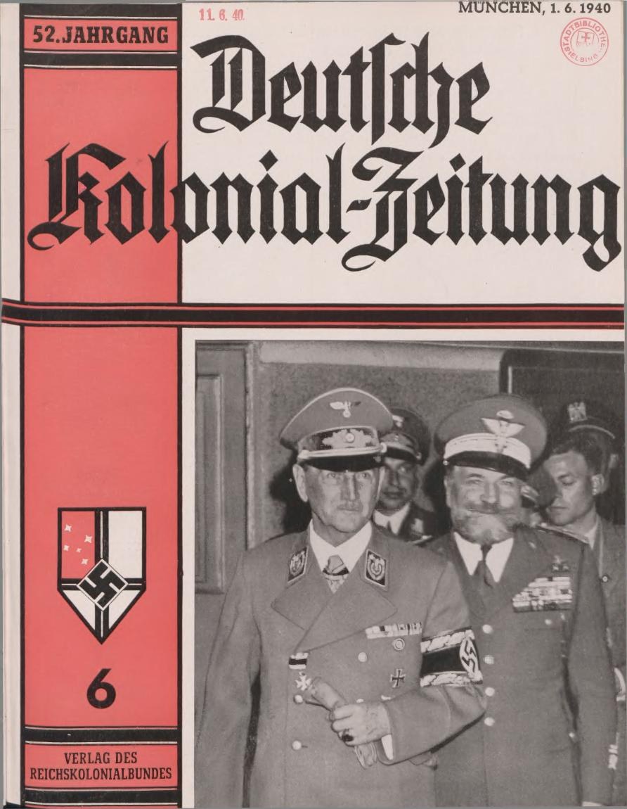 Cover of a 1940 issue of *Deutsches Kolonial-Zeitung* featuring Adolf Hitler, held by a group of people wearing caps.