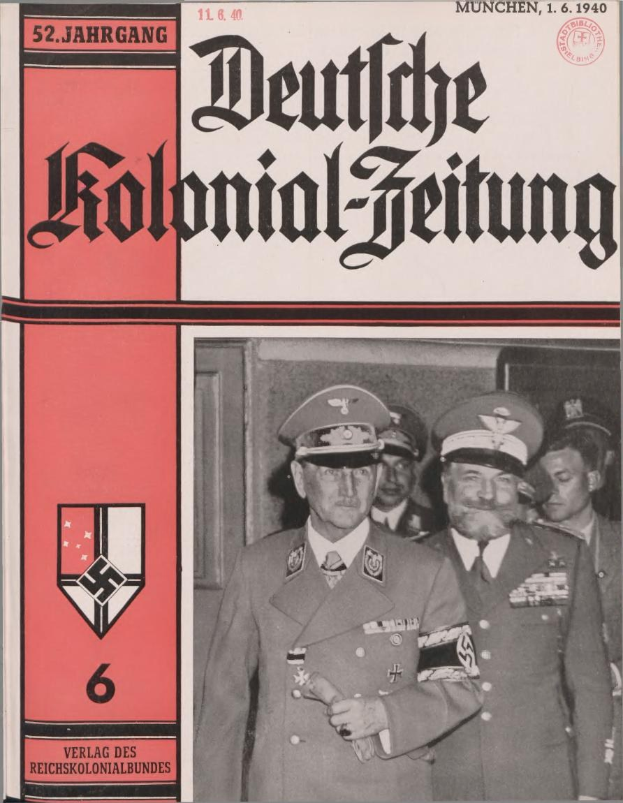 Cover of a 1940 issue of *Deutsches Kolonial-Zeitung* featuring Adolf Hitler, held by a group of people wearing caps.
