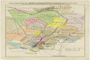 Ein detailliertes altes Stadtplan von Stuttgart, Deutschland, mit Straßen, Gebäuden und Sehenswürdigkeiten, primarily in shades of blue, green, and yellow.