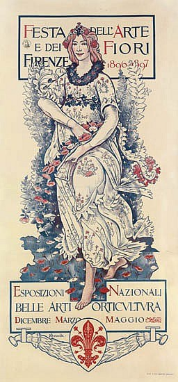 Ein Festivalplakat in Italien, das eine Frau in einem langen weißen Kleid mit einem hohen Kragen und einem Dutt zeigt, vor einem hellblauen Hintergrund mit fetter schwarzer Schrift.