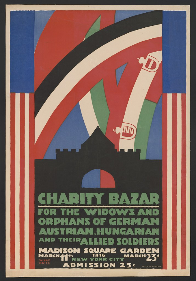 Charity Bazaar Plakat für Witwen und Waisen deutscher, australischer, ungarischer und alliierter Soldaten mit Ereignisinformationen im Text.