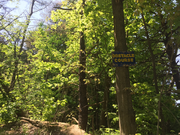 Ein Schotterweg in einem bewaldeten Gebiet, der mit einem Schild markiert ist, das 'Hindernislauf' lautet, mit Bäumen am Wegesrand und Himmel im Hintergrund.