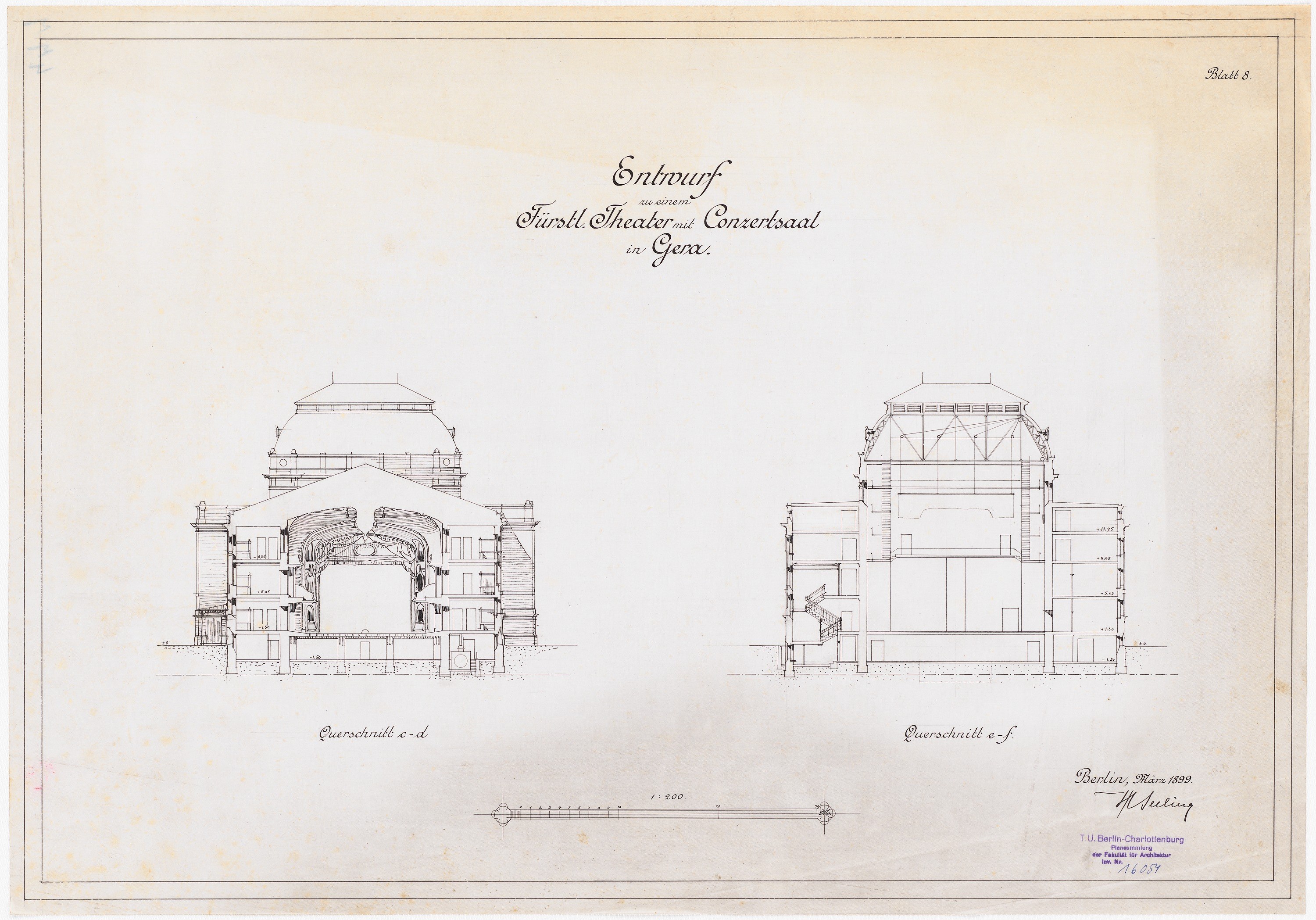 Black-and-white drawing of a multi-windowed building, identified as Germany's first theater and concert hall, on a paper bearing handwritten text.