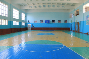 Große Turnhalle mit einem blauen und weißen Basketballfeld, Netz, Stangen, einer Tür, Fenstern, Plakaten an den Wänden, einem Geländer und einem Dach.