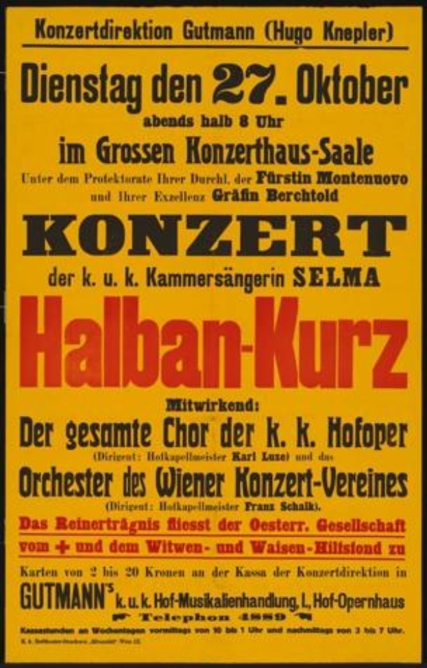 Konzertplakat in Berlin, Deutschland, das "Konzert Halban-Kurz" auf gelbem Hintergrund ankündigt.
