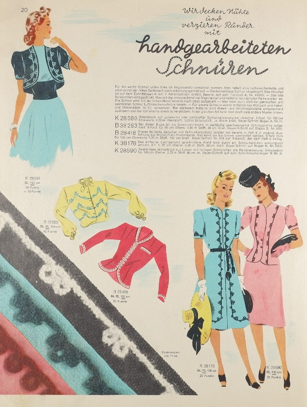 Anzeige für ein Modejournal der 1950er Jahre mit einer Frau in einem Kleid und Hut, mit Bildern und Texten, die die Mode-Trends der 1950er Jahre beschreiben.