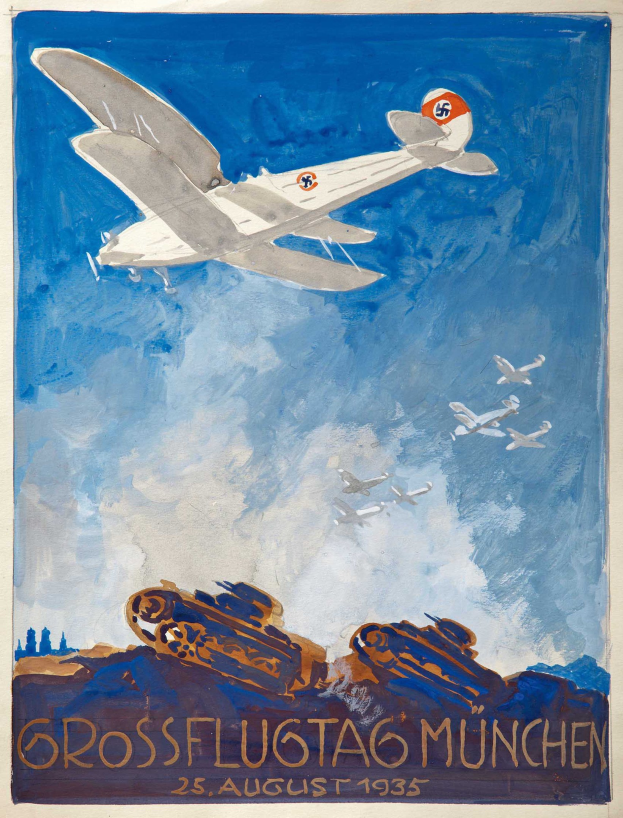 Plakat zur Ankündigung eines Luftfahrt-Tages in München am 25. August 1935, das Flugzeuge am Himmel zeigt