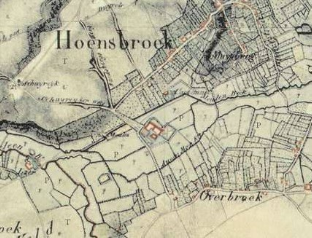 Detailed old map of Hoensbroek, Netherlands, displaying streets, buildings, and landmarks with handwritten text.