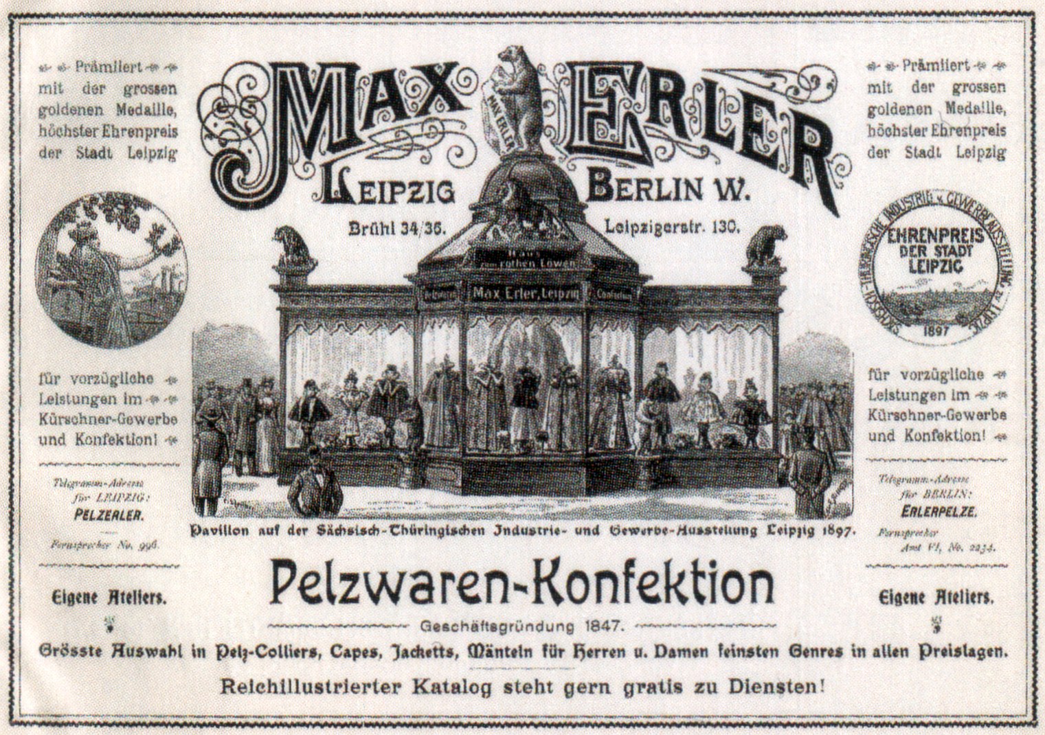 Black-and-white advertisement poster for Max Erler Leipzig in Berlin, Germany, showing a group of people standing in front of a building with text promoting an event.