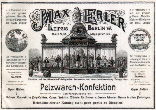 Black-and-white advertisement poster for Max Erler Leipzig in Berlin, Germany, showing a group of people standing in front of a building with text promoting an event.