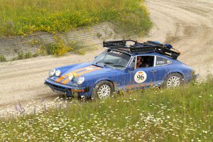 Ein blauer Porsche 911 Carrera RS Rallye-Wagen fährt auf einer Schotterstraße entlang, umgeben von Pflanzen und Blumen, mit Text und Zahlen auf seiner Karosserie und einem sichtbaren Fahrer im Inneren.