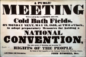 Ein Schwarz-Weiß-Plakat, das eine öffentliche Versammlung auf den Cold Bath Fields ankündigt, mit der Überschrift "Nationalkonvention, Rechte des Volkes."