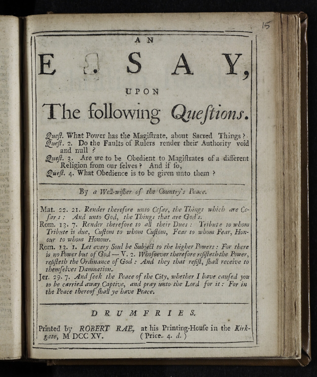 Ein aufgeschlagenes Buch mit den Worten "ein Aufsatz über die folgenden Fragen" darauf vor schwarzem Hintergrund.