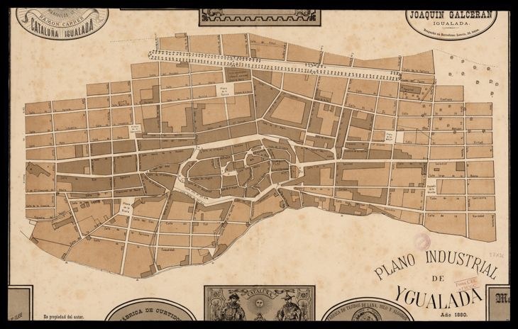 Old map of Yucatan, Mexico with a black border, showing streets, buildings, and landmarks, accompanied by descriptive text.