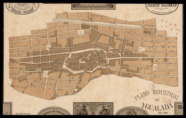 Old map of Yucatan, Mexico with a black border, showing streets, buildings, and landmarks, accompanied by descriptive text.