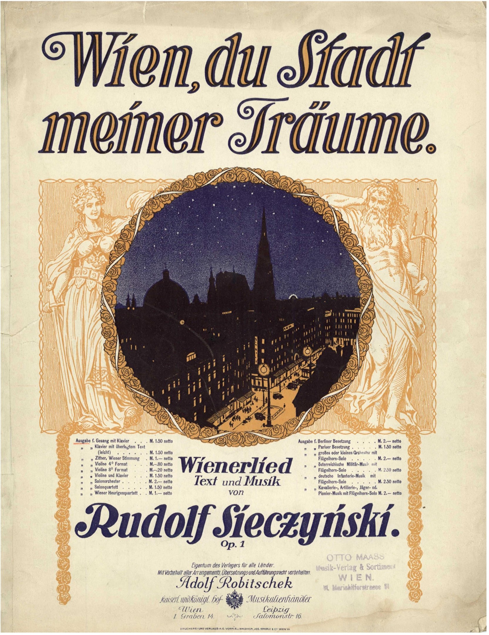 Poster for Rudolf Sieczynski's opera "Wien, du Stadt Meiner Träume" featuring a cityscape background and text describing the opera.