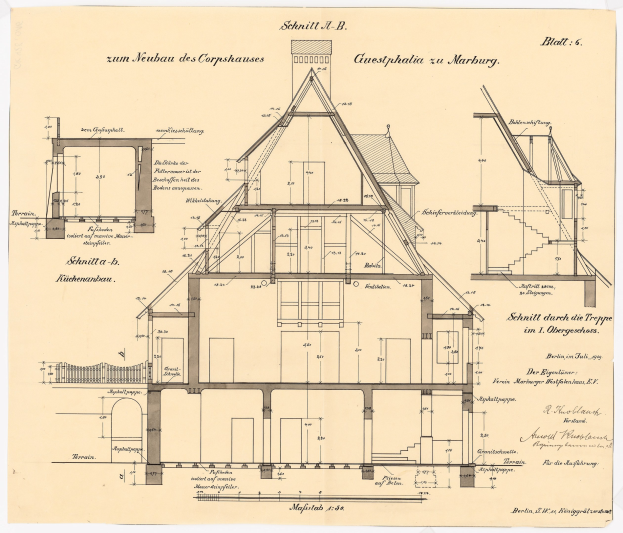 Ein detailliertes architektonisches Zeichnung eines Hauses mit zahlreichen Fenstern und einem Dach, identifiziert als das erste Haus Deutschlands, begleitet von strukturellen Plänen und Text auf Papier.