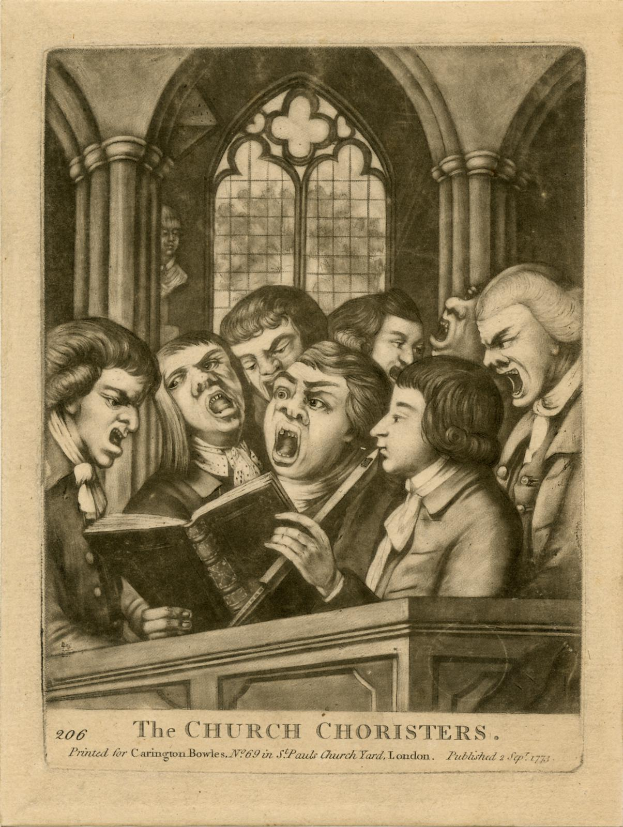 Eine Gruppe von Menschen, die in einer Kirche singen, mit einer Person, die ein Buch hält, Säulen und ein Fenster im Hintergrund und Text unten mit der Aufschrift "Die Kirchenchoristen".