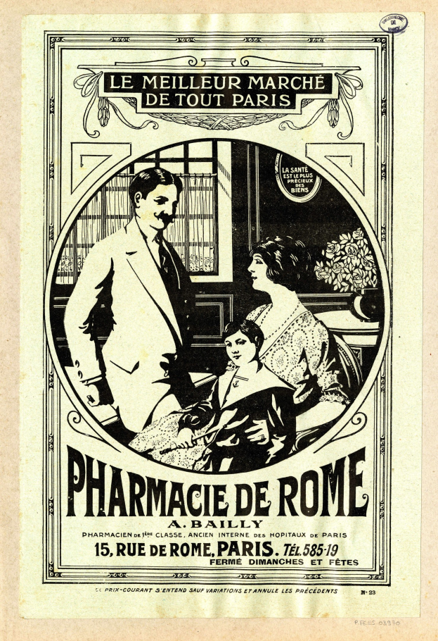 Schwarz-weißer Werbeplakat für eine Apotheke in Rom mit einem Mann und einer Frau nebeneinander stehend und Text, der die Apotheke und ihre Dienstleistungen beschreibt.