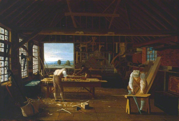 Gemälde mit dem Titel "Die Schreinerwerkstatt" von William Hogarth, das zwei Männer bei der Arbeit in einer Werkstatt zeigt, mit einem Tisch voller Werkzeuge und anderen Gegenständen in der Mitte des Raums, Fenstern auf der linken und rechten Seite und einer Hintergrundansicht von Bäumen, Bergen und Himmel.
