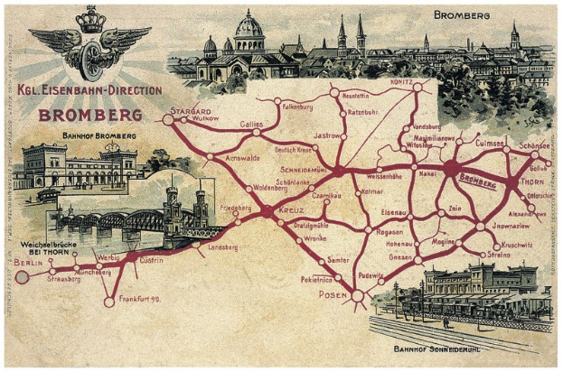 Ein detailliertes Plakat mit einer Karte von Bromberg, Deutschland, das Straßen, Gebäude, Bäume, eine Brücke und historischen und kulturellen Text zeigt.