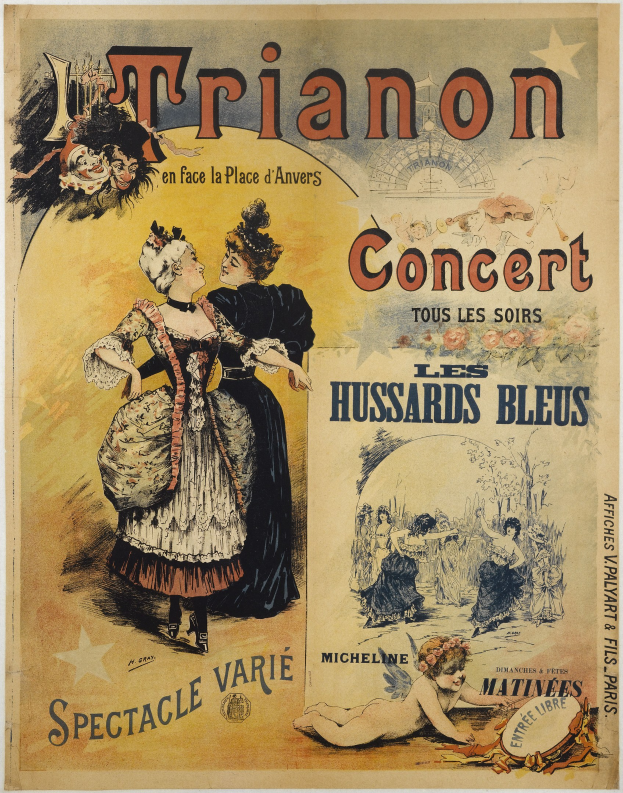 Ein Konzertplakat, das eine Frau in einem langen, hochgeschlossenen, wallenden Kleid und einen Mann in einem Anzug zeigt, der hinter ihr steht und die Arme verschränkt, beide mit ernsten Gesichtern.