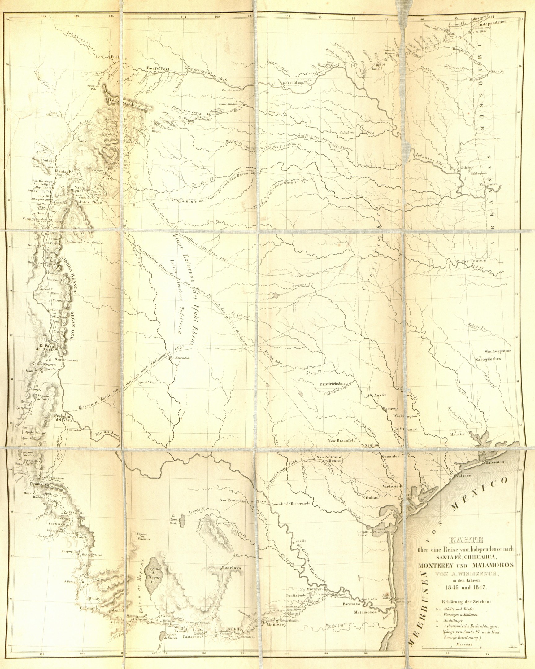 Alte Karte der Vereinigten Staaten, Mexiko und Mexiko auf Papier mit zusätzlichem Text gedruckt.