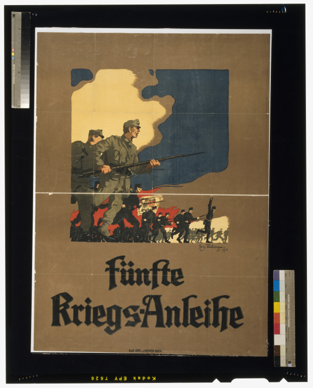 Ein gerahmtes deutsches Propagandaplakat, das eine Gruppe von uniformierten Soldaten zeigt, die Gewehre halten und entschlossene Gesichter haben, bewirbt die deutsche Armee.
