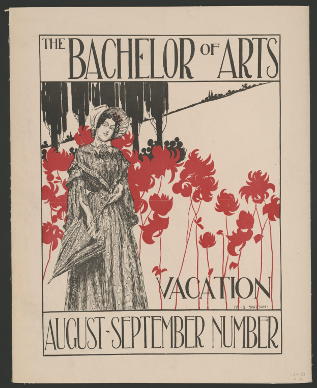 Plakat mit schwarzem Hintergrund, das eine Frau in einem weißen Kleid mit einer blauen Stola und einem weißen Hut zeigt, die in einem Feld gelber Blumen unter einem blauen Himmel steht, mit Text, der "The Bachelor of Arts Vacation August-September Number" in weißer Schrift mit goldenem Rahmen liest.
