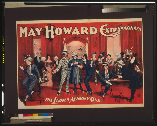 Plakat für die May Howard Extravaganza im Ladies Alimony Club, das eine Gruppe von Menschen an Tischen mit Text zeigt.