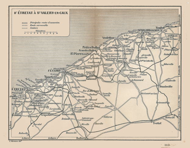 Old detailed map of Saint-Valery-en-Caux, France, showing roads, buildings, and landmarks with text indicating population, roads, and notable features.