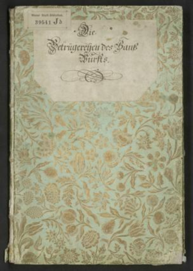 Old book with floral cover design and title "Die Betrugereierten des Bank furfs" on black background.