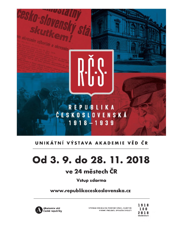 Ein Plakat für die Tschechoslowakische Republik mit einem Mann in Hut und einer Frau in Kleidung, die vor einem Gebäude stehen, mit begleitendem Text.