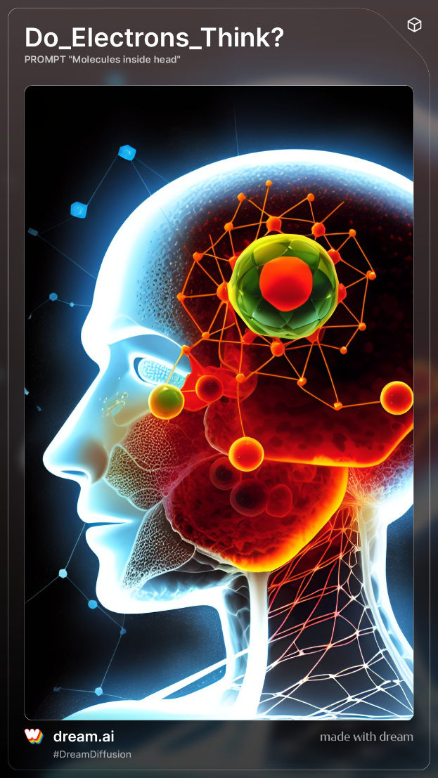 Ein Mobilbildschirm mit einem Gehirnbild und dem Text "Denken Elektronen?" im Zusammenhang mit der Quantenphysik.