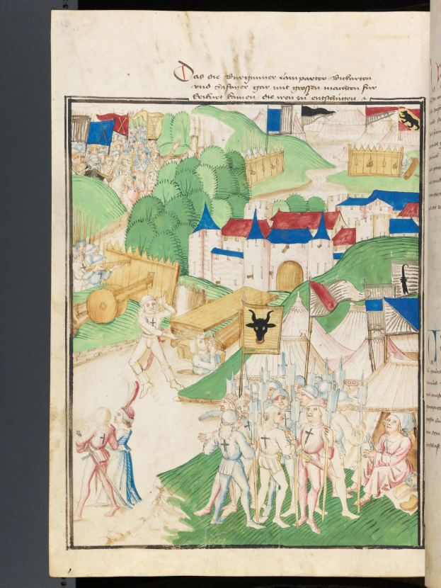 Open book with a medieval battle scene painting, including people, houses, trees, and grass, accompanied by text.
