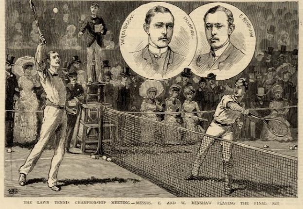 Schwarz-weiß-Zeichnung von zwei Männern beim Tennis-Spiel in einem Endspiel auf einem Turnier mit Zuschauern im Hintergrund und Text unten mit der Aufschrift "The Lawn Tennis Championship Meeting - Messers, E und W Renshaw spielen das Endspiel".